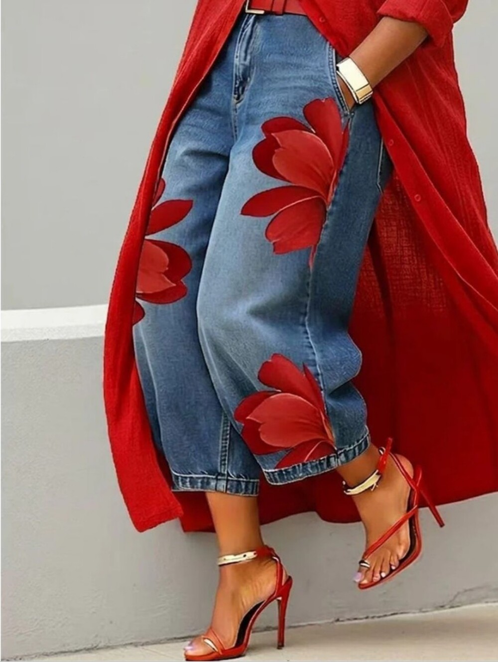 Love! Love! Love! Denim Crop Jeans with Red Floral Appliqué